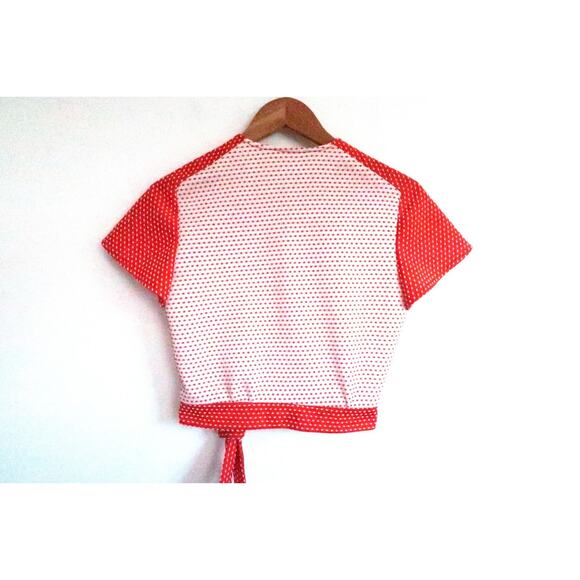GAY GIBSON Vintage 1960s Polka Dot Swiss Dot Wrap Tie V-Neck Crop Top Blouse S - Picture 9 of 10